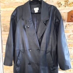 Silverleaf Genuine Leather Trench Coat Black Double Breasted Pockets Size 16